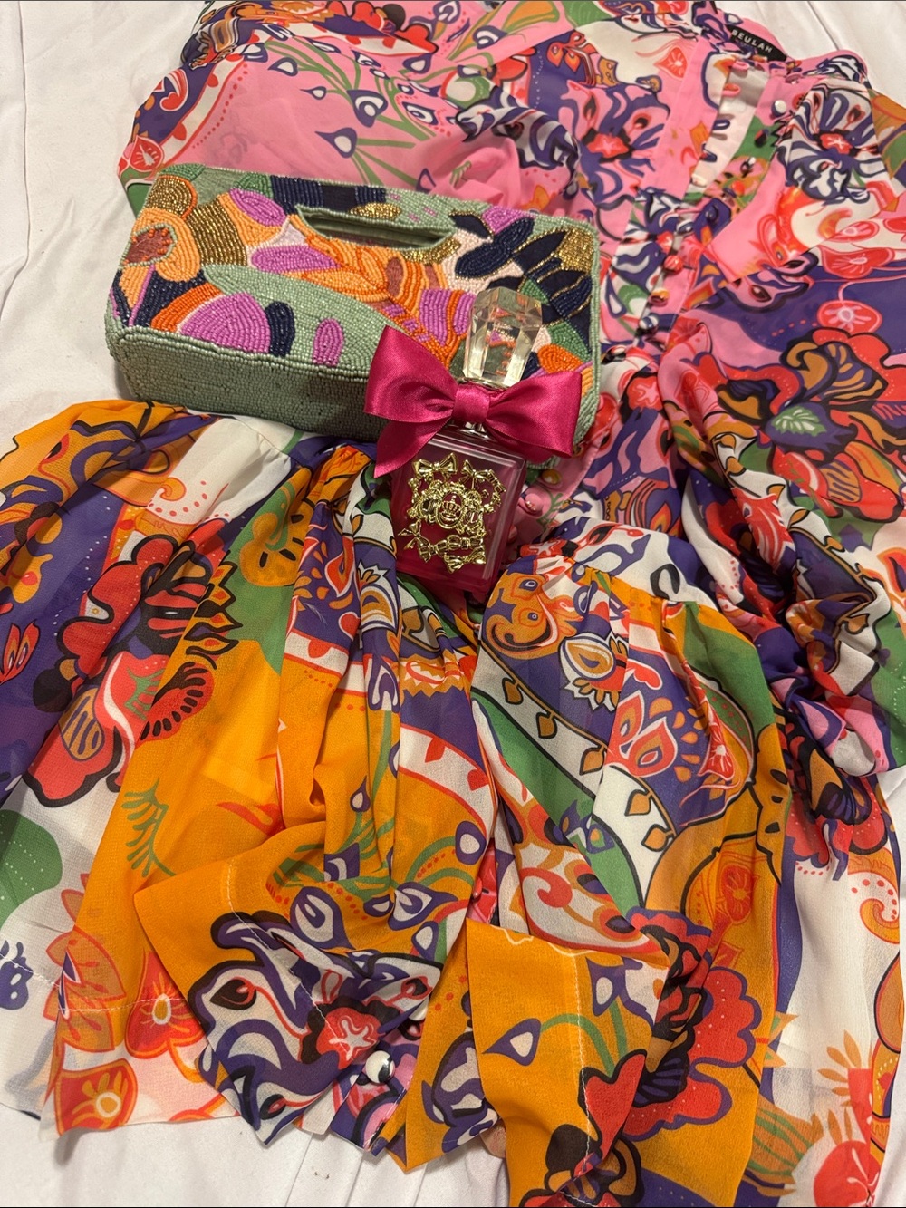 Beulah Multicolor Floral Print Long Sleeve Dress — Pink, Orange, Purple, Green
